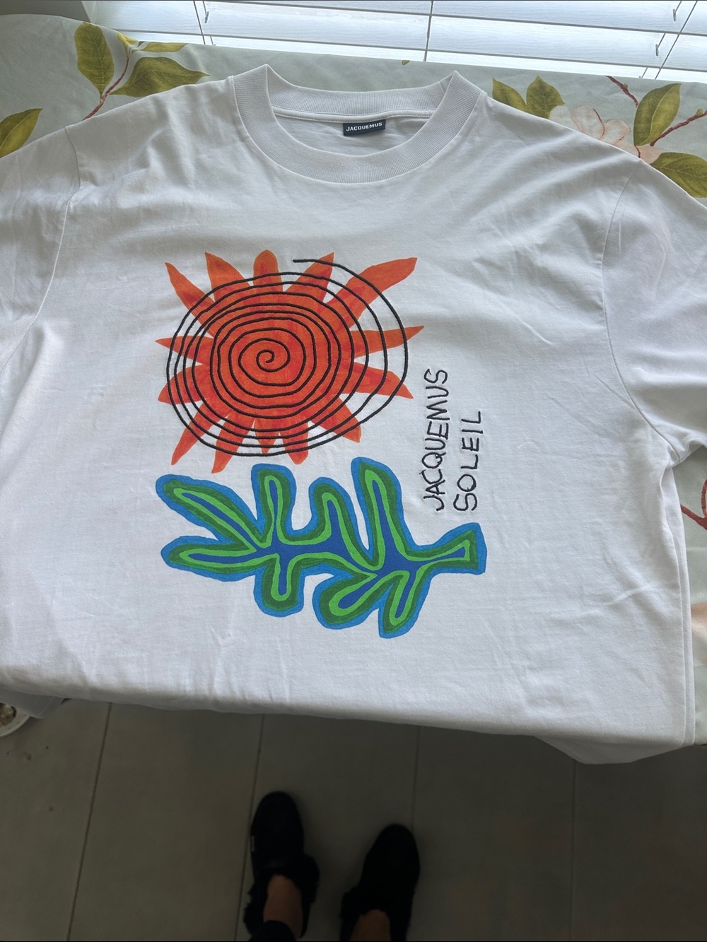 Jacquemus embroidered White T-Shirt with Orange Sun & Green Leaf Graphic